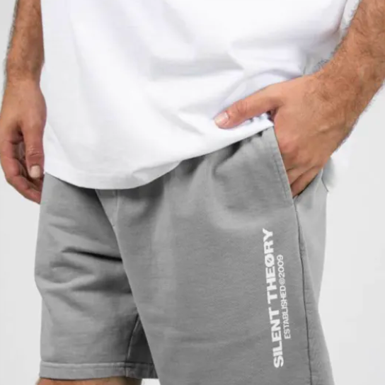 Person wearing gray shorts with 'Silent Theory' branding on a white background