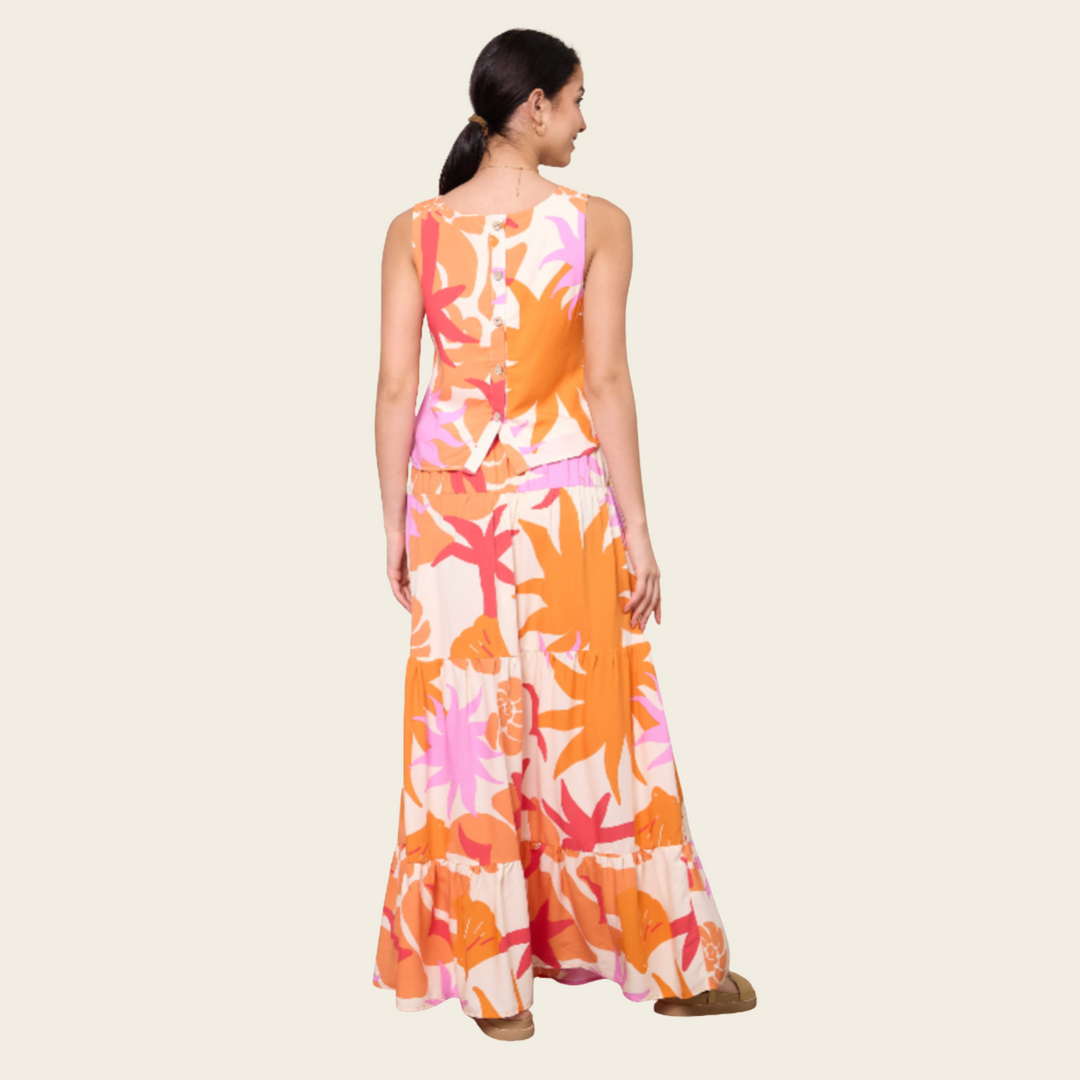 Button-Front Skirt – Sunset Tones with Slit Detail