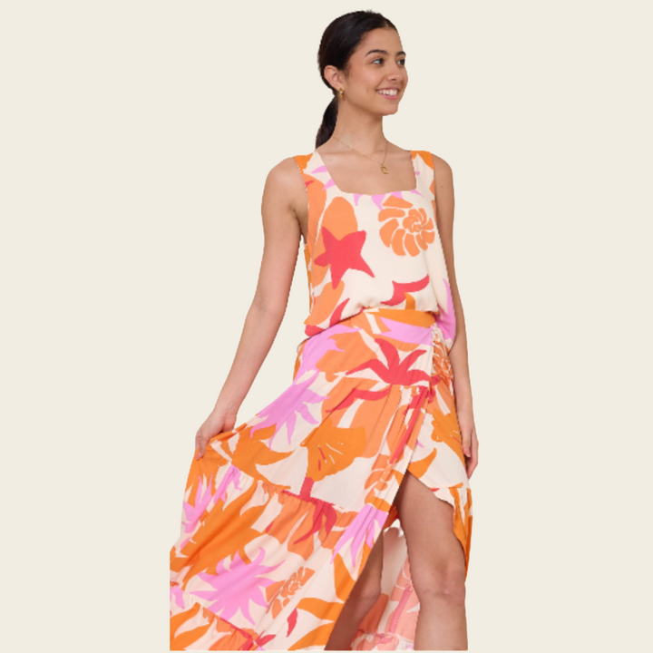 Button-Front Skirt – Sunset Tones with Slit Detail