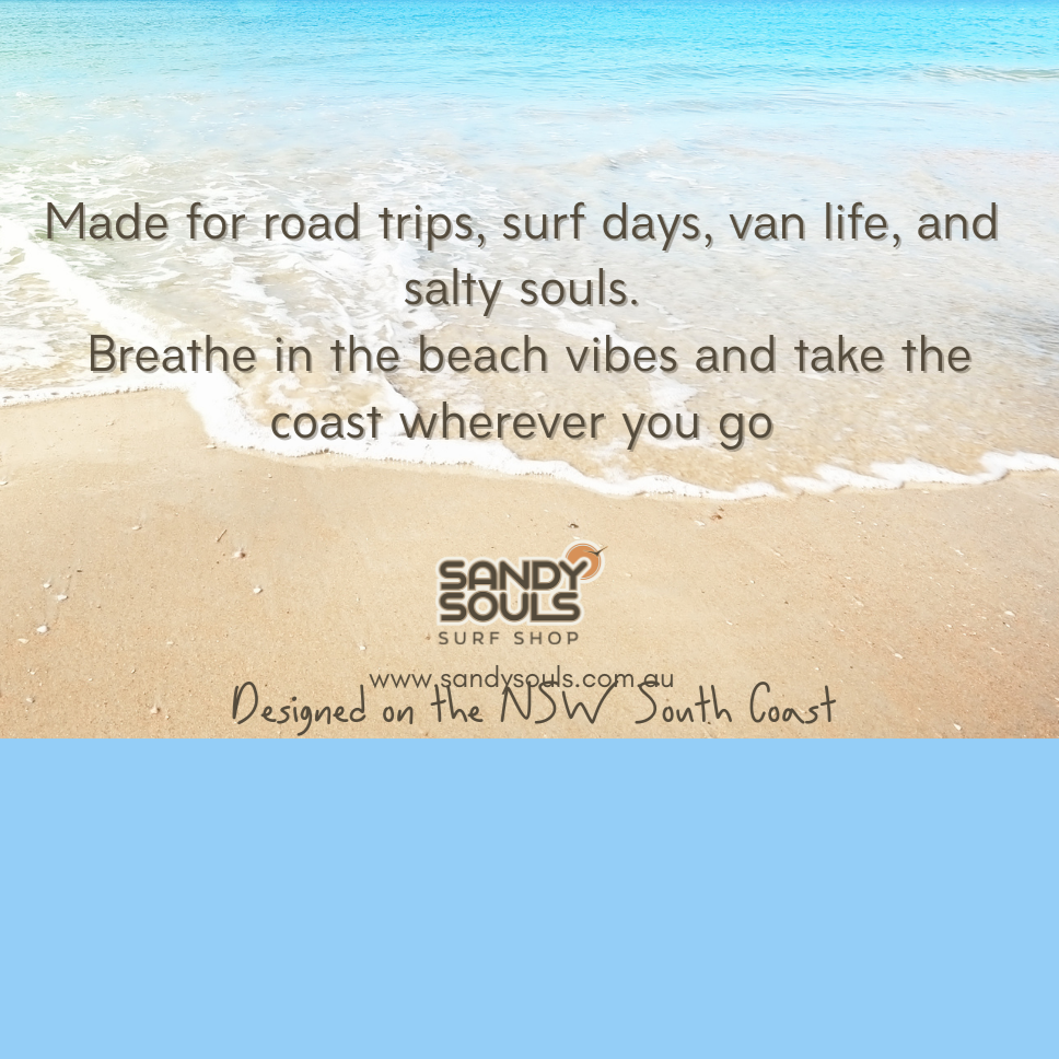 Beach scene with sand and ocean waves, featuring a quote and Sandy Souls Surf Shop branding.