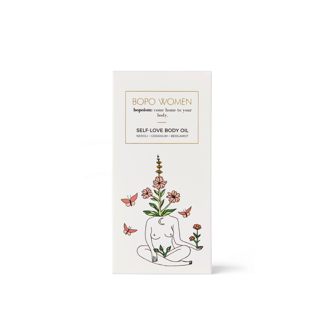 BOPO Women self-love body oil packaging on a white background