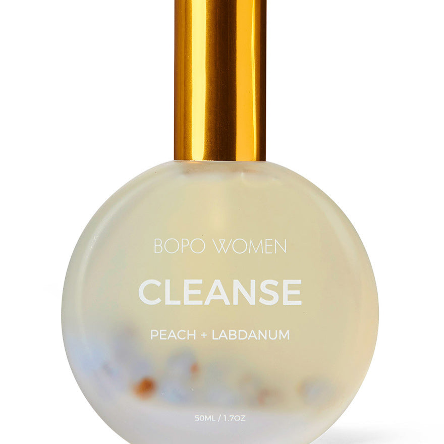Bopo Women Cleanse perfume bottle with gold cap on a white background