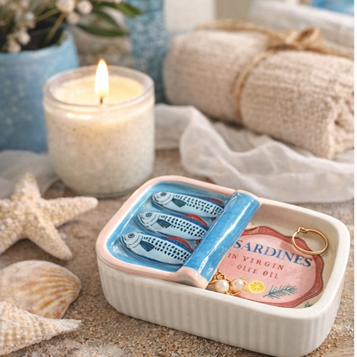 Sardine trinket dish with coastal design on a sandy background