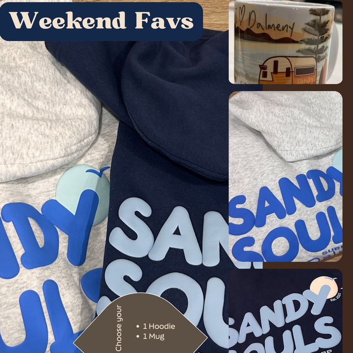 Grey and navy hooded jumper with Sandy Souls Dalmeny with ceramic mug and enamel mug