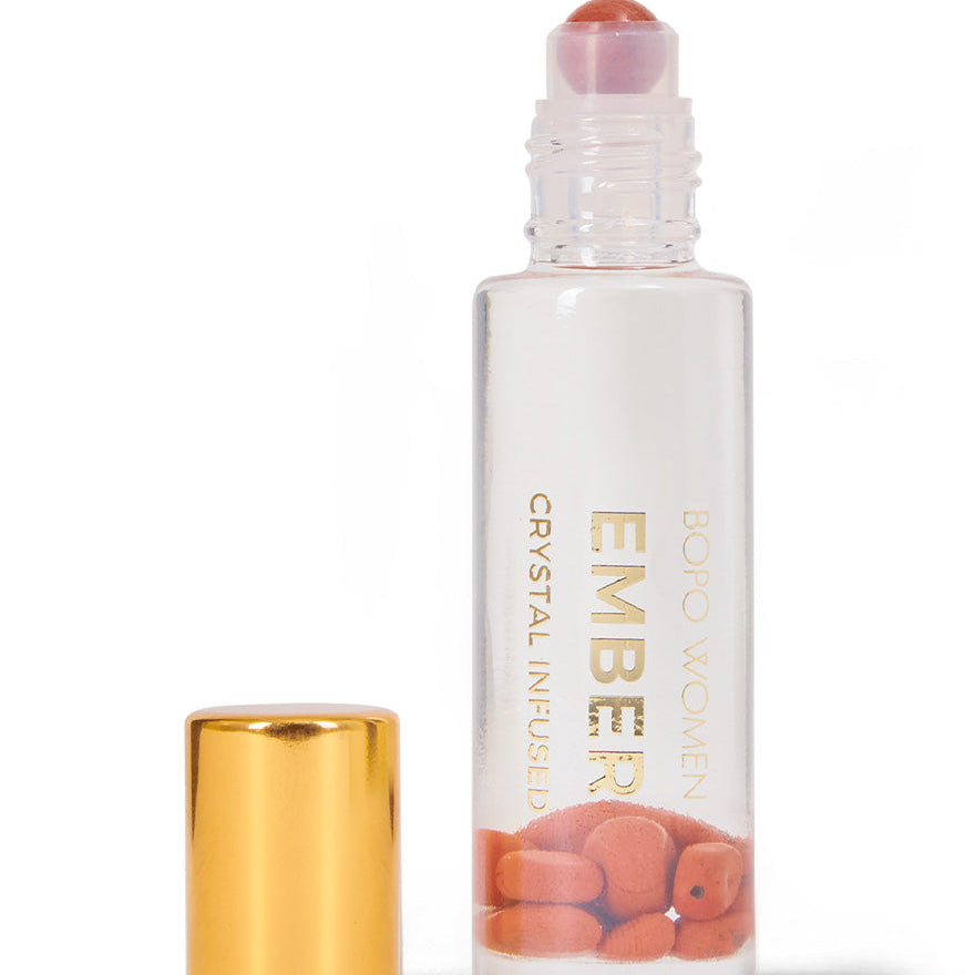 Roll-on bottle with gold cap and visible text on a white background