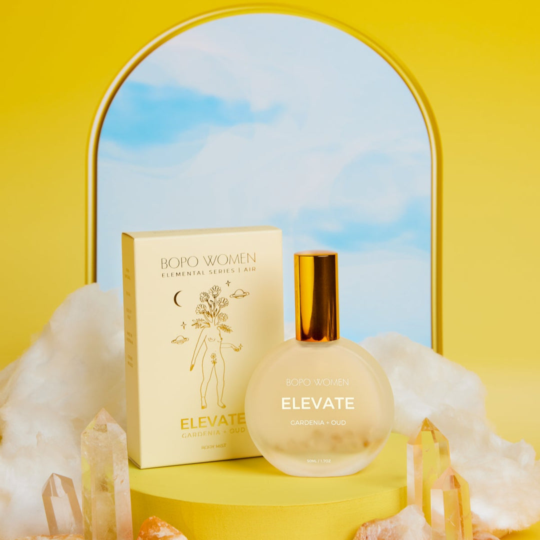 Perfume bottle labeled 'Elevate' with packaging on a yellow background