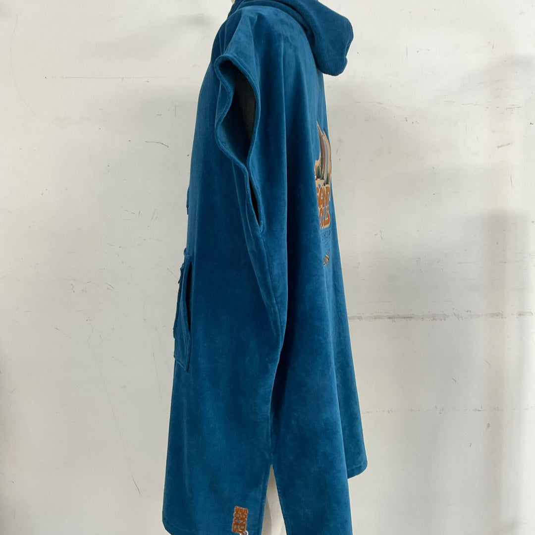 Blue hooded towel with embroidery against a white background