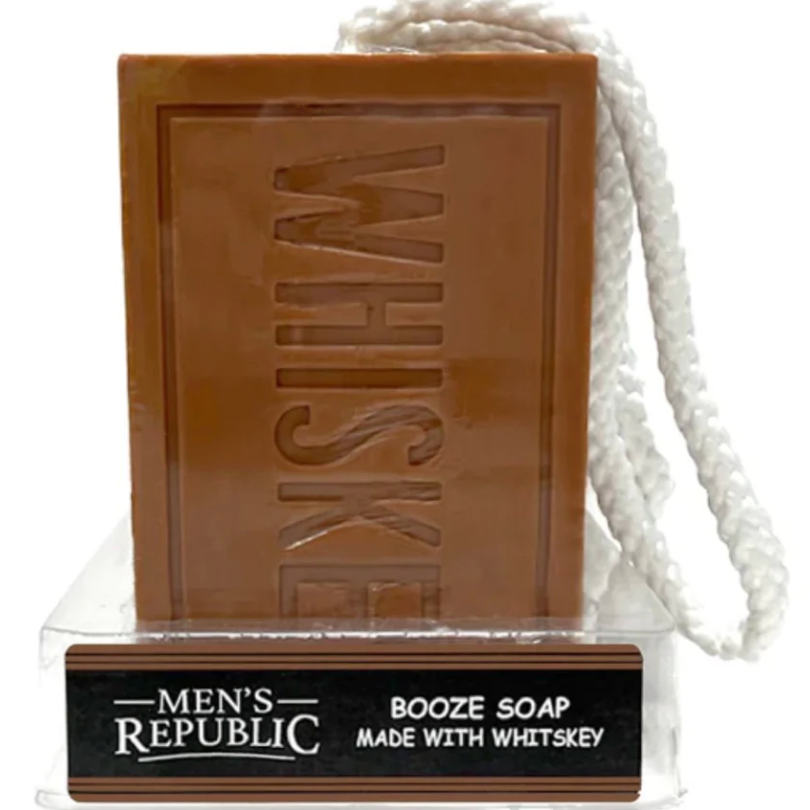 Bar of soap with 'Whiskey' text and a rope, branded as Men's Republic Booze Soap.