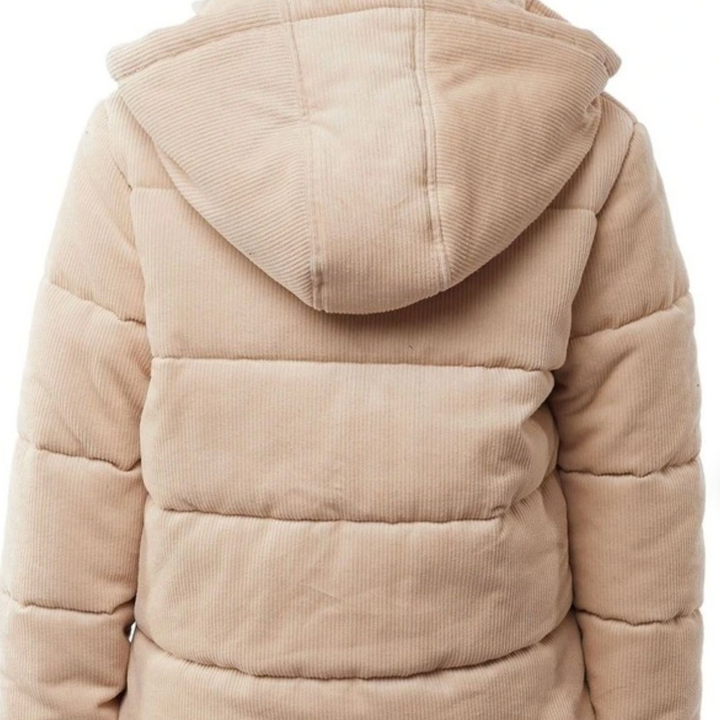Beige puffer jacket with a hood on a white background