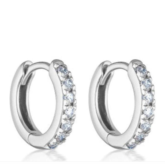 Silver hoop earrings with clear gemstones on a white background