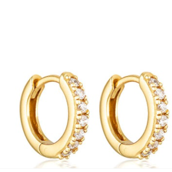 Gold hoop earrings with embedded stones on a white background