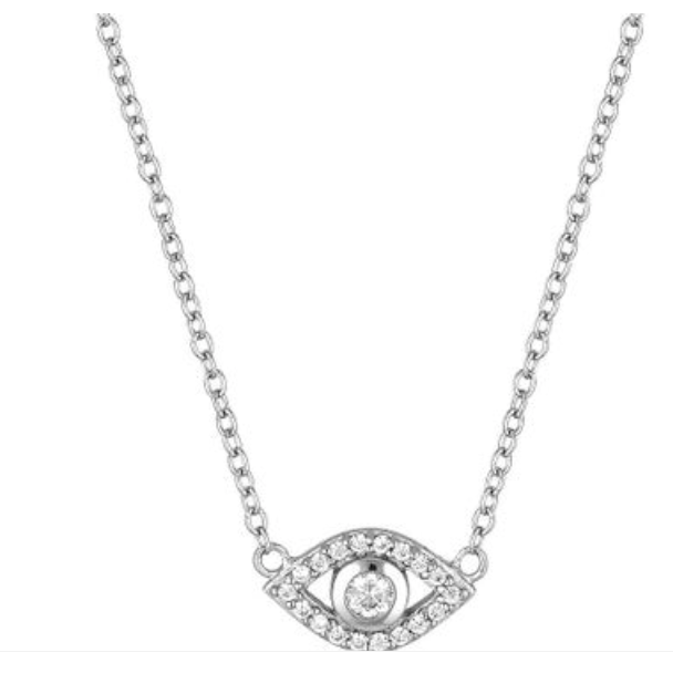 Silver necklace with eye-shaped pendant on a white background