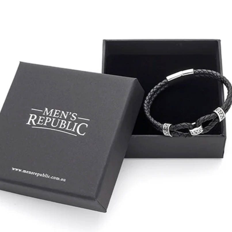 Black braided bracelet in a 'Men's Republic' box on a white background