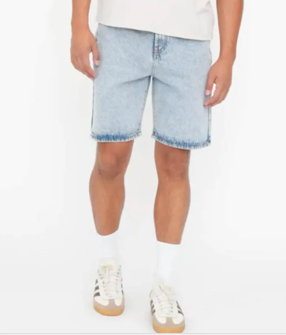 Person wearing light blue denim shorts on a white background