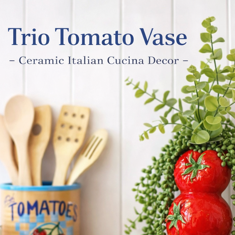 Ceramic tomato vase with greenery next to wooden utensils in a container labeled 'Tomatoes' on a white background.