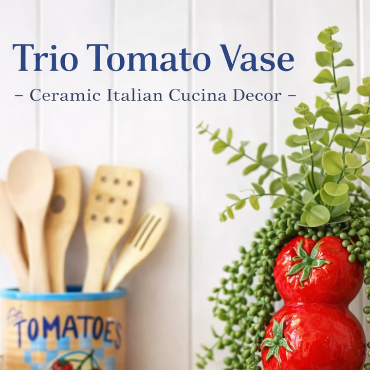 Ceramic tomato vase with greenery next to wooden utensils in a container labeled 'Tomatoes' on a white background.